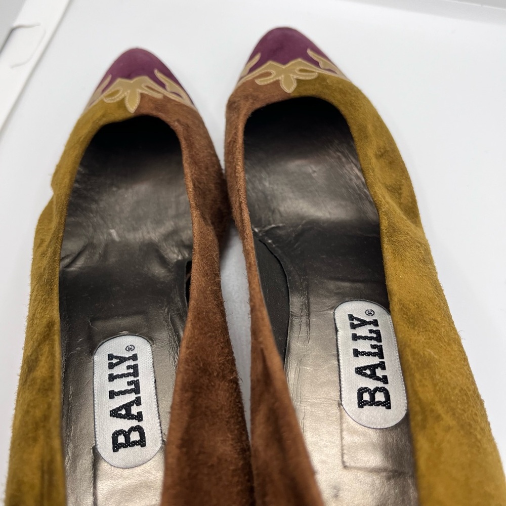 Vintage Bally Suede Multicolour Heels shoes Gold Pointed Toe Italy Rosalyn Pumps - Picture 11 of 12